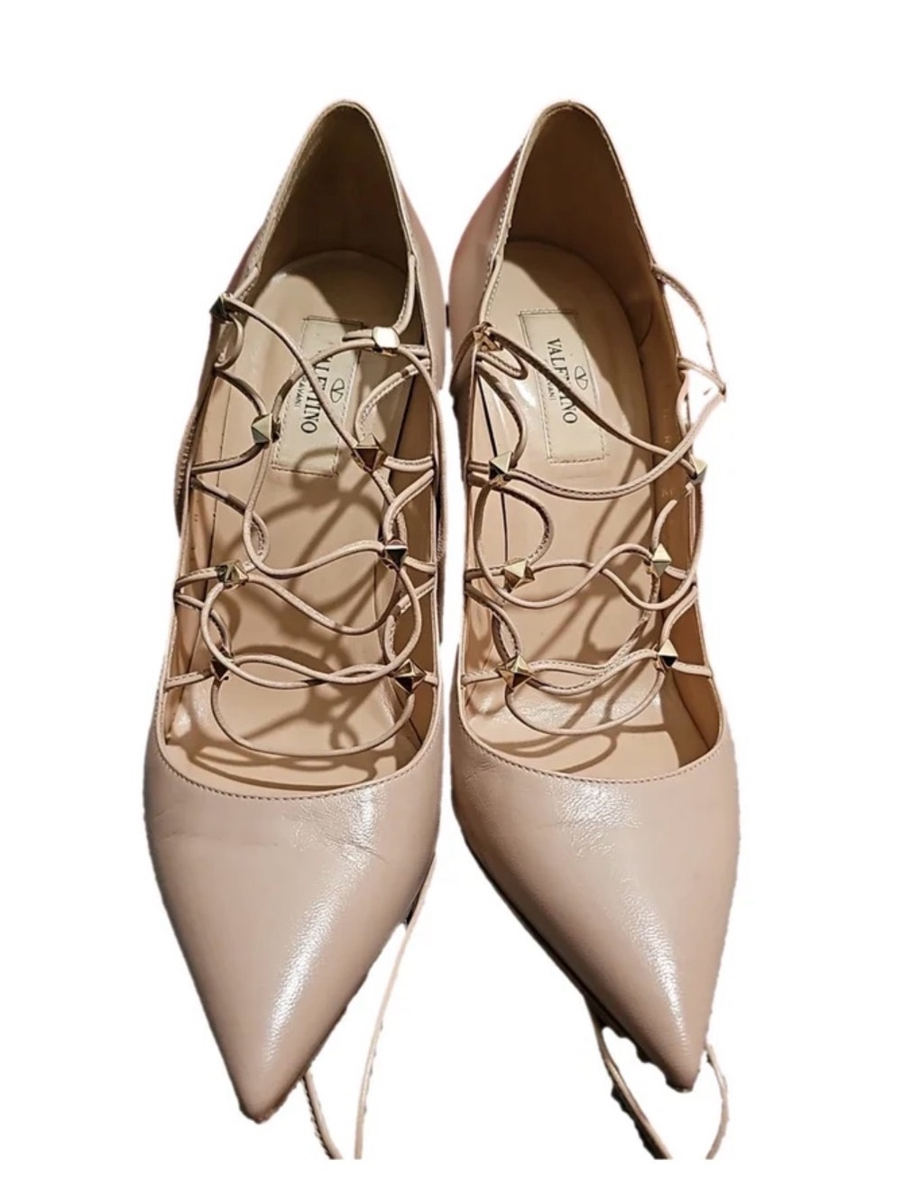 Valentino Nude Pink Lace-Up Pointed Toe Pumps